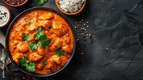 Indian butter chicken curry with basmati rice on dark background. Traditional homemade food concept. Top view, copy space