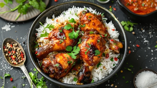 Indian dish Spicy Chicken Curry Masala. Spicy chicken legs with rice