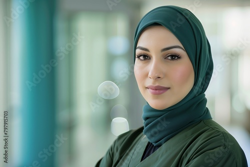 Portrait of a happy, confident Muslim businesswoman. Attractive lady in hijab, expressing happiness
