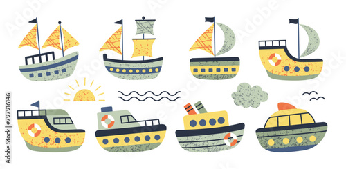Vector set of ships, speedboat, boat. Doodle style childish ship. Marine transport clipart. Collection of cute ships.