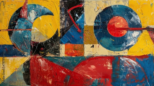 An abstract painting of red, yellow and blue shapes on canvas in oil paint, in the expressionist style with loose brushwork