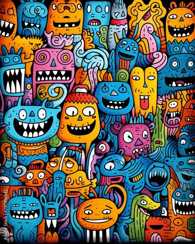 Childlike funny monsters doodles  vibrant seamless pattern  playful handdrawn lines    illustration