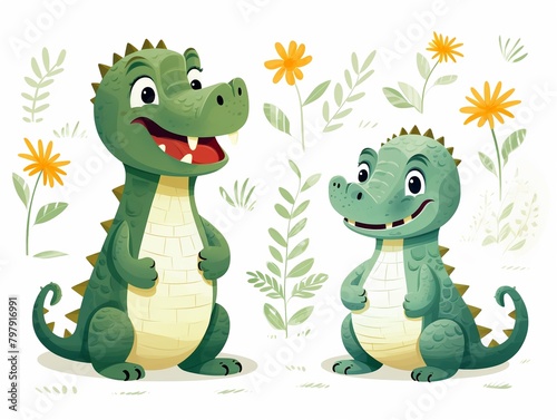 Childlike two crocodiles   simple line art  green tones  repeating white background  flat graphic    repeating pattern drawing