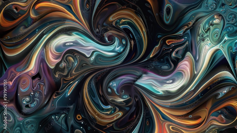 An abstract pattern of swirling colors and shapes, resembling the fluidity found in marble swirls or oil paint splashes
