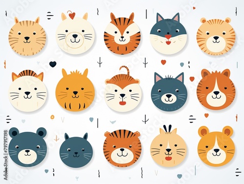 Cute animal vectors round forms  simple line drawing  seamless white background  EPS pattern    childlike drawing
