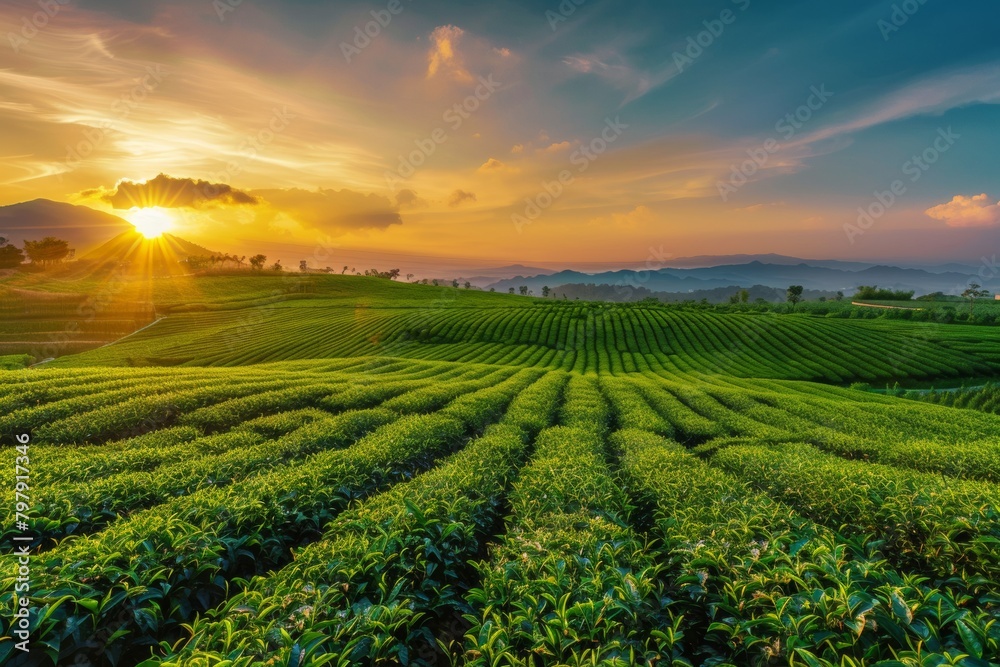 the green tea field with a wide angle lens and sunset in the background, 