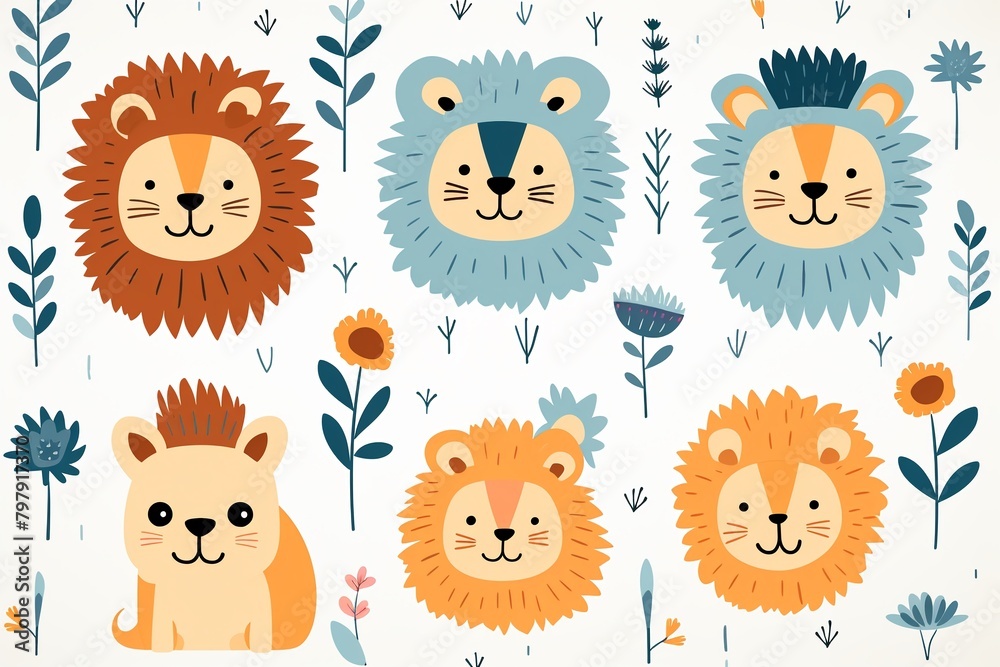 Naklejka premium Flat graphic lions, various expressions, simple childlike repeat on white , repeating pattern drawing