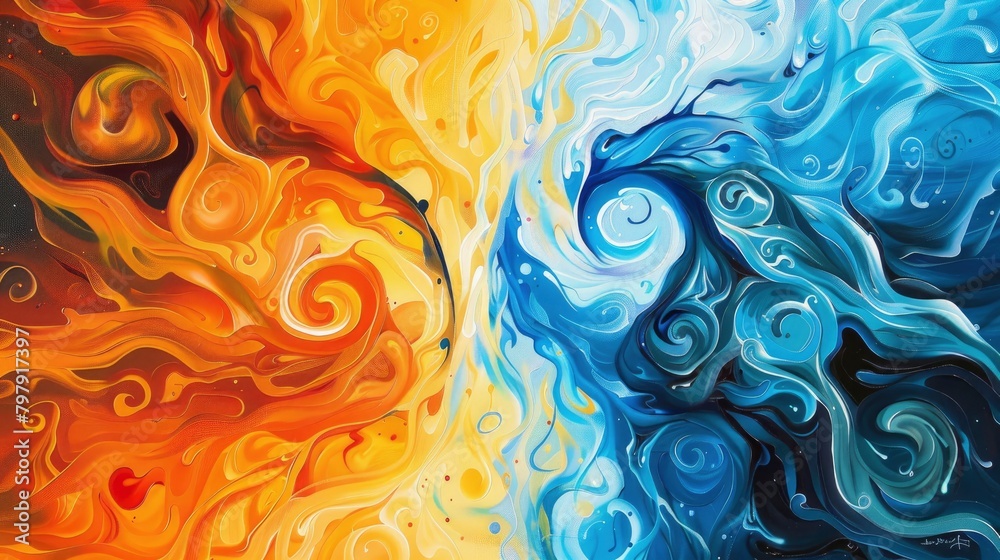 An abstract representation of fire and ice, with swirling colors representing the heat and cold, in an acrylic painting style