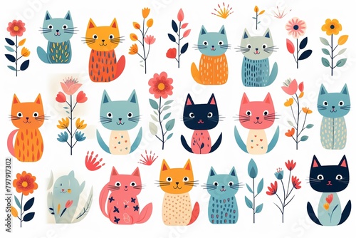Flat graphic drawing, colorful cats and blooms, simple childlike pattern, white repeating background , cute drawing