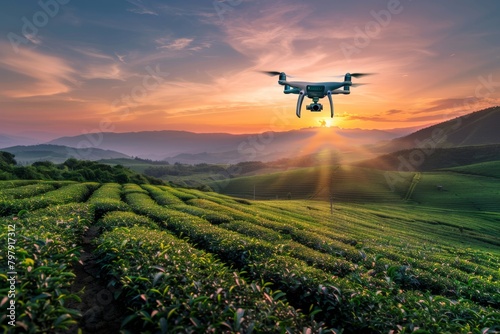 A high-tech drone hovers above a lush tea plantation, with the setting sun casting a warm glow over the green landscape, symbolizing innovation in agriculture © ryker