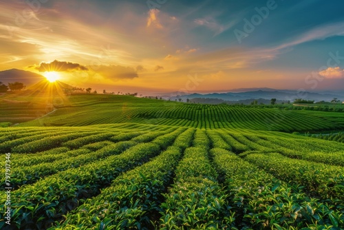 the green tea field with a wide angle lens and sunset in the background  