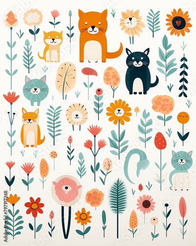 Flat graphic zoo animals, simple childlike lines, flowers, white background repeating pattern , repeating pattern drawing