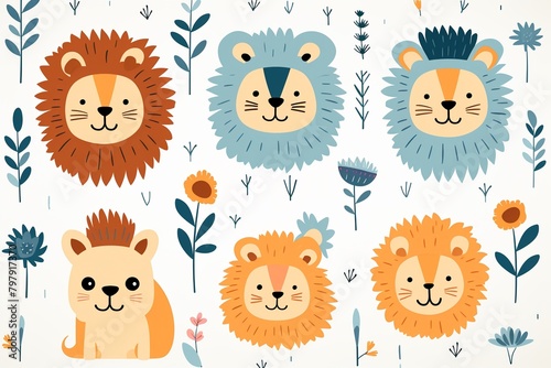 Flat graphic lions, various expressions, simple childlike repeat on white , repeating pattern drawing