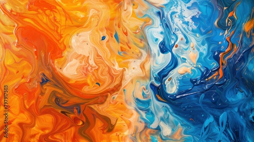 An abstract representation of fire and ice, with swirling colors representing the heat and cold, in an acrylic painting style. The background is vibrant orange, symbolizing warmth and passion