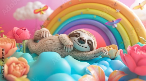 Sloth Enjoying a Colorful Rainbow Fantasy World 
