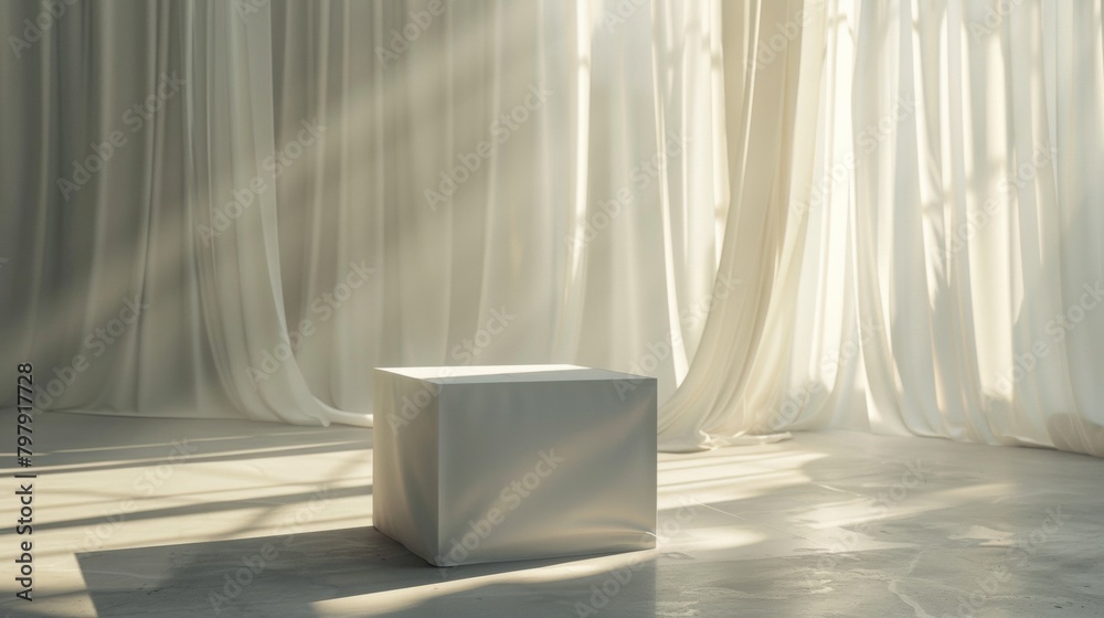 Box covered with thin white cloth, white curtain background for product promotion
