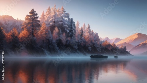 Foggy winter morning on the mountain lake. 3d render.