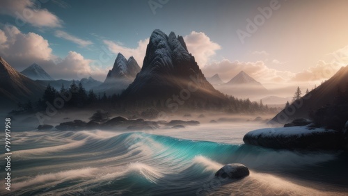 Fantasy landscape with mountain lake in the fog. 3d render #797917958
