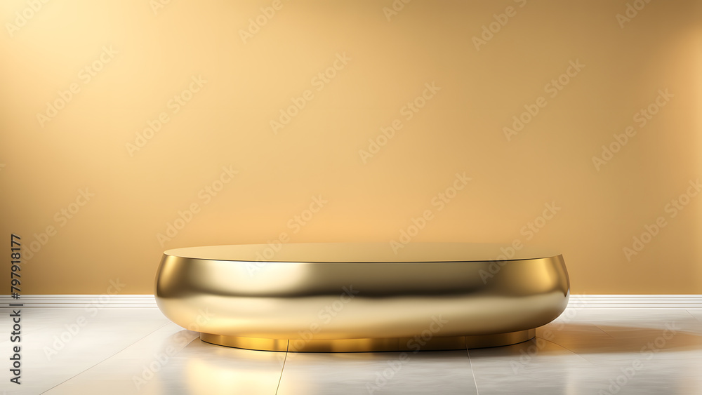 A gold table sits in front of a yellow wall A gold table sits in front of a yellow wall
