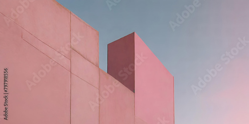 Postmodern architecture incorporating polished concrete elements in a pink color  against a backdrop of a deep sapphire sky