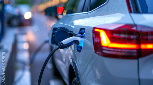 Close-up of electric vehicle charging photo