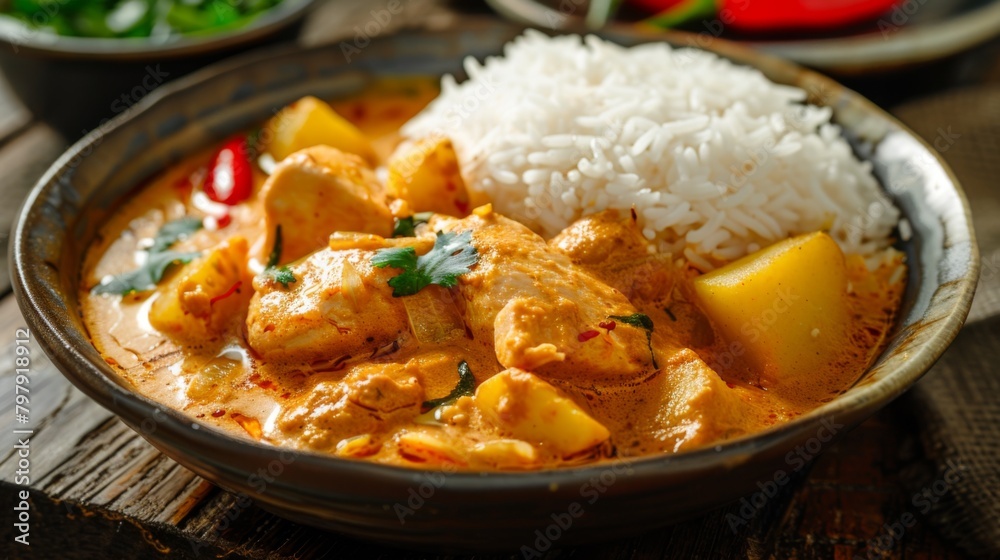 Massaman Curry with Chicken and Potatoes with cooked rice in a plate Massaman Curry with Chicken and Potatoes with cooked rice in a plate