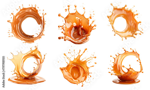 Dynamic splashes of caramel in various shapes on a solid background