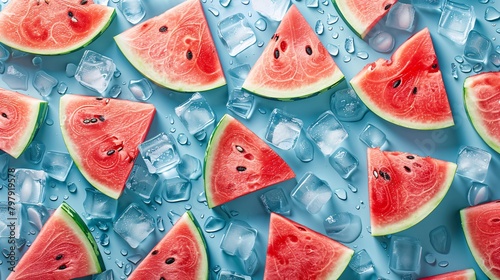 watermelon and ice cube on blue background