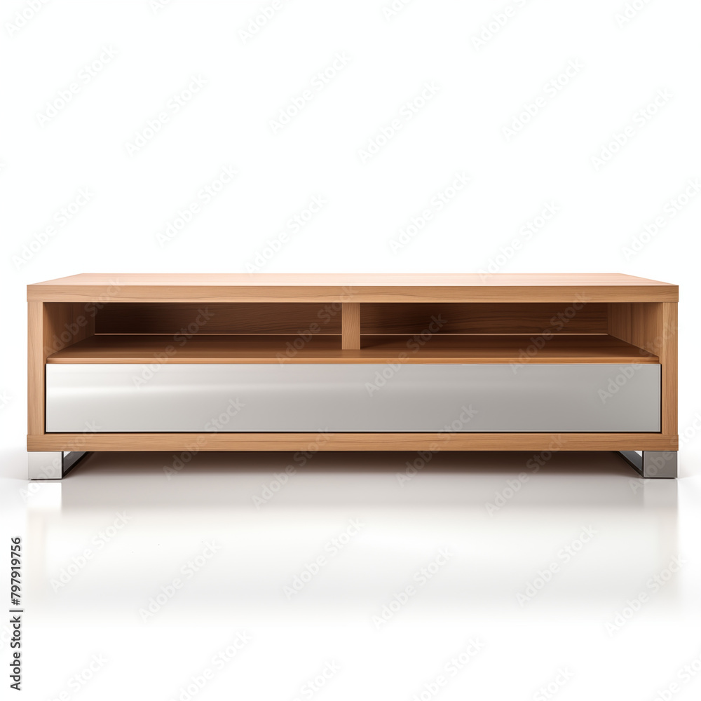 Modern wooden TV stand with a white drawer isolated on a white background 3D rendering