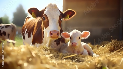 Cute little calves on hay in farm, closeup. Animal husbandry