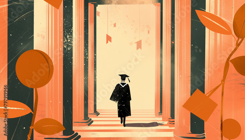 Student walking in graduation cap and gown