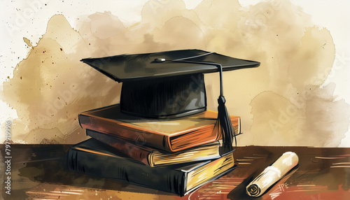 Graduate hat on stack of books