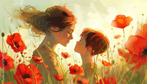 Mother with her son on a poppy field