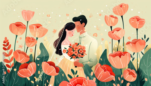 Spring marriage couple on flower field