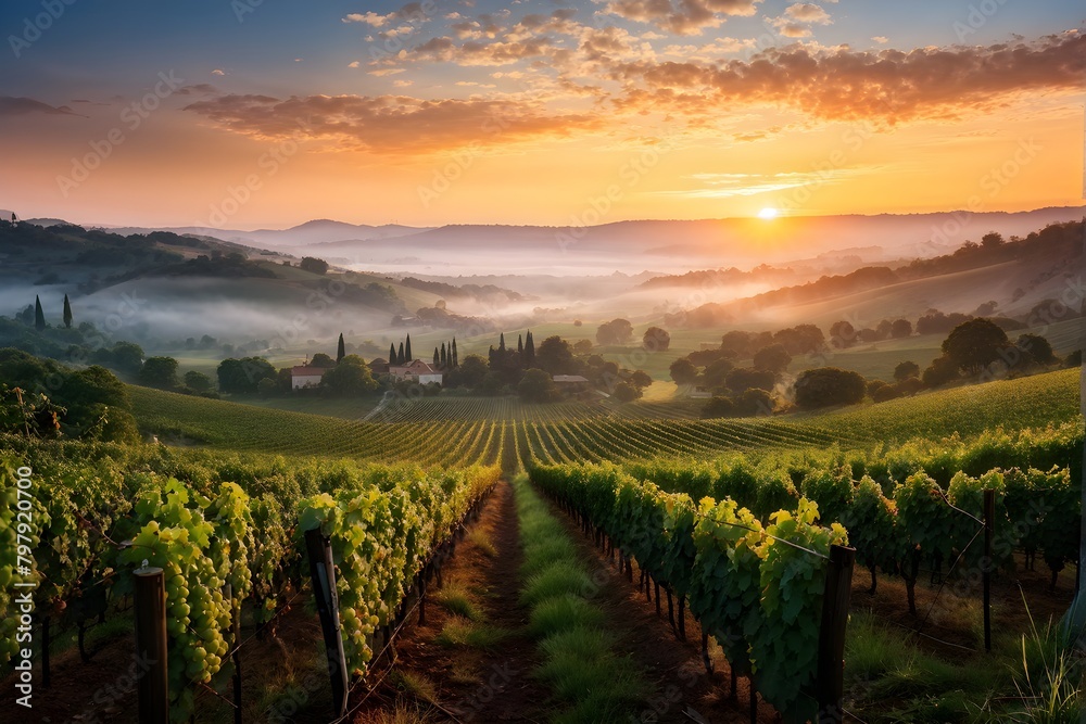 Fototapeta premium sunrise over a lush vineyard during autumn with harvest dew kissed grapes glistening (2)
