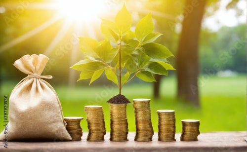 Stacking gold coins and money bag of plants with growing put on the wood on the morning sunlight in public park, Saving money and loan for business investment concept, copy space