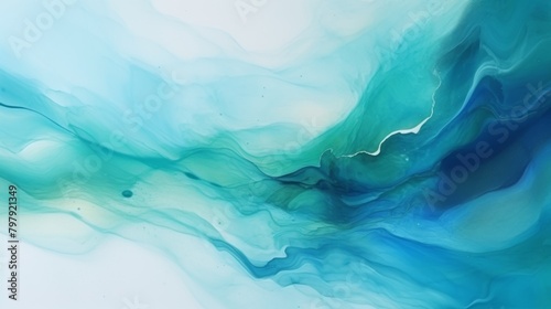 This serene image captures a soft watercolor flow, blending blues and greens in a dreamy, abstract manner