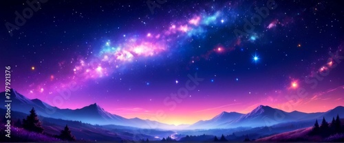 Cosmic celestial landscape, galaxy milky way, abstract colorful wallpaper, background, stars mountains, fantasy 