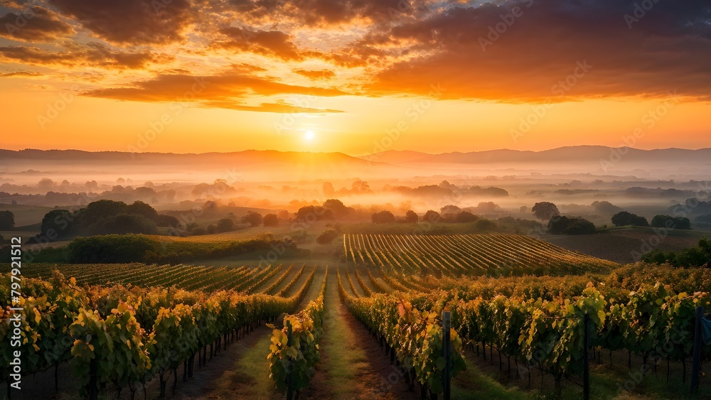 Naklejka premium sunrise over a lush vineyard during autumn with harvest dew kissed grapes glistening (2)