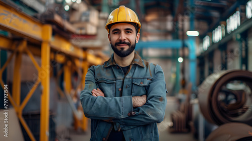 Satisfied Middle Eastern male supervisor standing with hands clasped and smirking while peering at the camera in a workshop during an inspection.  photo