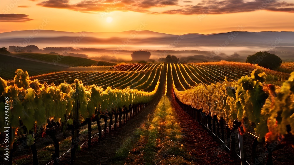 Fototapeta premium sunrise over a lush vineyard during autumn with harvest dew kissed grapes glistening (2)