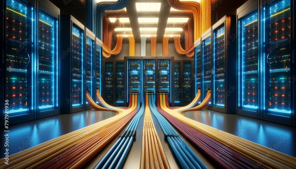 A computer server room with many cables and wires. The cables are of different colors and are arranged in a way that they look like a rainbow. A computer server room with many cables and wires. The cables are of different colors and are arranged in a way that they look like a rainbow.