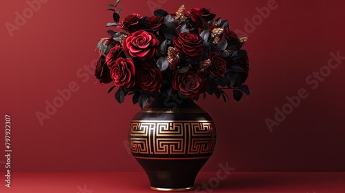 3D render of a black vase with golden Greek key pattern filled with dark roses