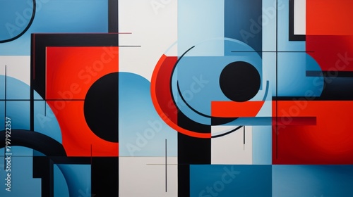 A vivid abstract geometric painting featuring shapes and lines in bold colors that pop against a neutral background