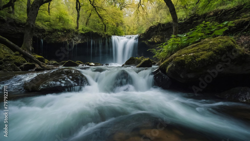 Landscape with river and forest with green trees. Silky crystal water and long exposure. Ordesa Pyrenees.
