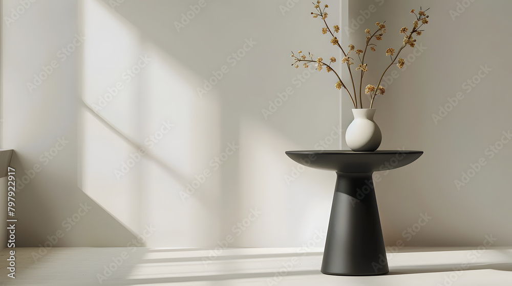 Sophisticated black side table in a simple setting. illustrating functionality and environmentally conscious design Sophisticated black side table in a simple setting. illustrating functionality and environmentally conscious design