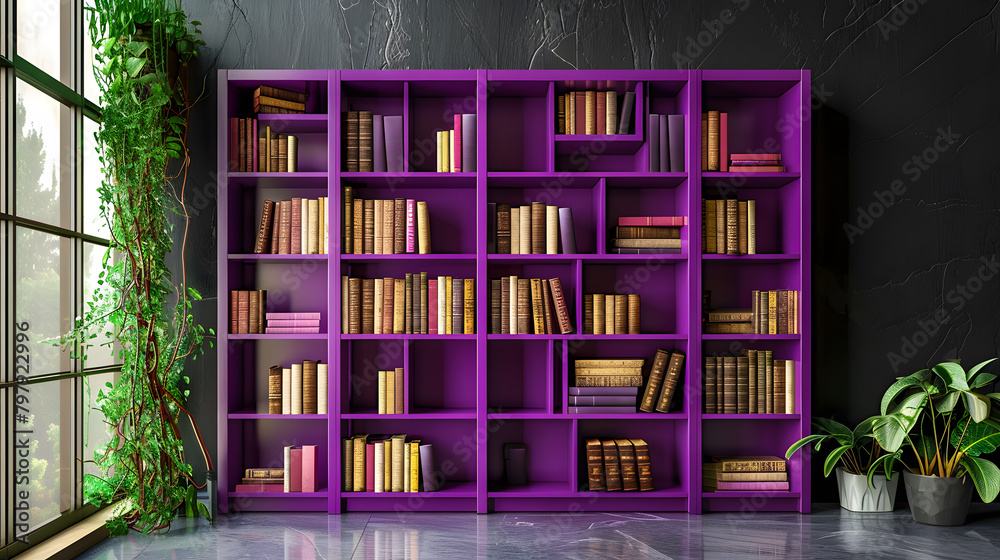 Stylish purple bookshelf in a modern setting. showcasing adaptability and green design
