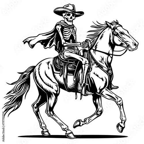Skeleton Cowboy Black and White cut file tatto Design  Generative AI
