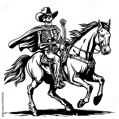 Skeleton Cowboy Black and White cut file tatto Design  Generative AI