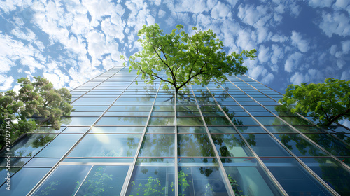 Sustainable green building. Eco-friendly building. Sustainable glass office building with tree for reducing carbon dioxide 